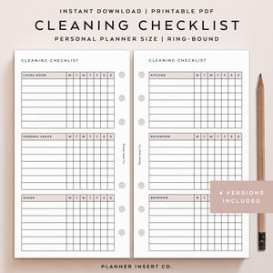 PERSONAL SIZE // Cleaning Checklist Printable Planner Insert / Zone Cleaning / Weekly Chores Cleaning Schedule / Minimal Planner Insert