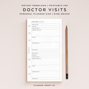 Puede incluir: Una hoja de planificador imprimible blanca para visitas médicas con texto en negro y seis agujeros para anillas en el lado izquierdo. La página incluye campos para fecha, hora, médico, contacto, motivo de la visita, notas y citas.