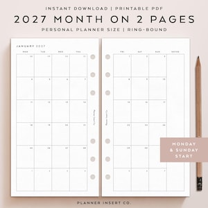 Puede incluir: Un inserto de planificador PDF imprimible para 2027, con un dise&ntilde;o de un mes en dos p&aacute;ginas. El dise&ntilde;o incluye un tama&ntilde;o de planificador personal con agujeros para encuadernaci&oacute;n en anillas. Se muestra el calendario de enero de 2027, con un l&aacute;piz al lado. El texto incluye "Descarga instant&aacute;nea | PDF imprimible".