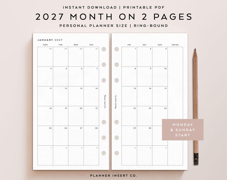 Puede incluir: Un inserto de planificador PDF imprimible para 2027, con un dise&ntilde;o de un mes en dos p&aacute;ginas. El dise&ntilde;o incluye un tama&ntilde;o de planificador personal con agujeros para encuadernaci&oacute;n en anillas. Se muestra el calendario de enero de 2027, con un l&aacute;piz al lado. El texto incluye "Descarga instant&aacute;nea | PDF imprimible".