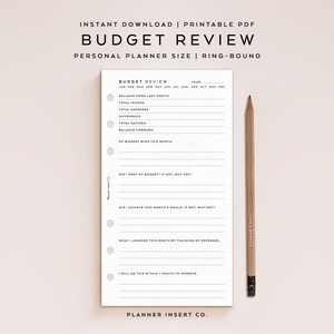 Tamanho pessoal // Planilha imprimível para revisão do orçamento mensal / Visão geral do acompanhamento de metas e orçamento mensal / Hábitos de gastos financeiros / Minimalista