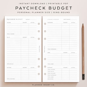 May include: A printable PDF budget planner for personal use. The planner is designed for a ring-bound system and includes sections for income, expenses, bills, savings, and debt. The planner is titled "Paycheck Budget".