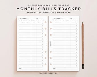 PERSONAL SIZE // Bills Tracker Planner Insert Printable / Bills Due Planner / Monthly Bill Payments Checklist / Minimal Planner Insert
