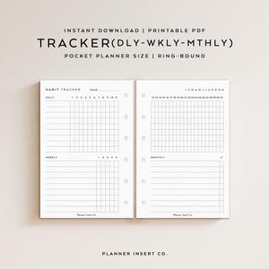 May include: Two white planner inserts with a grid layout for tracking habits. The text "TRACKER(DLY-WKLY-MTHLY)" is at the top, with "HABIT TRACKER" and "MONTHLY" labels. The inserts are ring-bound and designed for pocket planners.