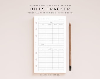 PERSONAL SIZE // Monthly Bills Tracker Printable Planner Insert / Bill Payments Checklist / Minimal Planner Insert / Bills Due Log Planner