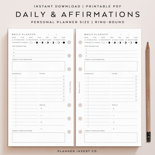 PERSONAL SIZE // Daily Affirmations Planner Insert Printable / Undated Day Planner Schedule Organizer / Self Care Insert / Lunar / Minimal
