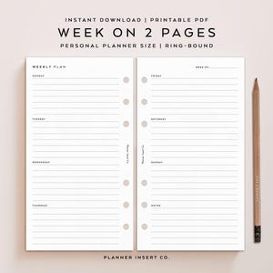 TAMAÑO PERSONAL // Planificador semanal imprimible, Semana en 2 páginas, Resumen semanal, Horario semanal, Agenda semanal, Planificador minimalista WO2P