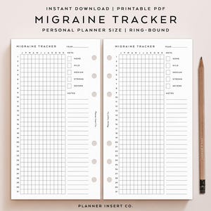 May include: Printable migraine tracker planner insert for a personal planner. The tracker has a grid for each day of the month and a section for notes. The tracker is designed for ring-bound planners.