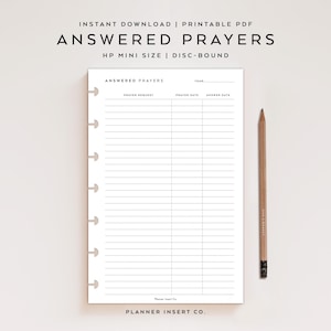 HP MINI SIZE // Answered Prayer Requests Journal Printable Planner Insert / Prayer List Tracker / Mini Happy Planner Insert / Minimal