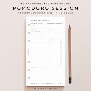 PERSONAL SIZE // Pomodoro Technique Planner Insert Printable / Study Session Schedule / Minimal Planner Insert / Time Management Planner