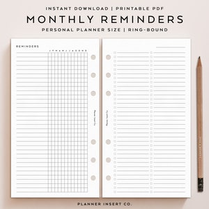 Op de afbeelding: Printbare maandelijkse herinnerings-planner-inlegvel voor een persoonlijke ringband-planner. De inlegvel heeft een raster voor het bijhouden van maandelijkse herinneringen en een checklist voor dagelijkse herinneringen.