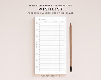 PERSONAL SIZE // Wishlist Printable Planner Insert, Shopping Wishlist, Birthday Wishlist, Gifts Wishlist Template, Holiday Wish List Journal