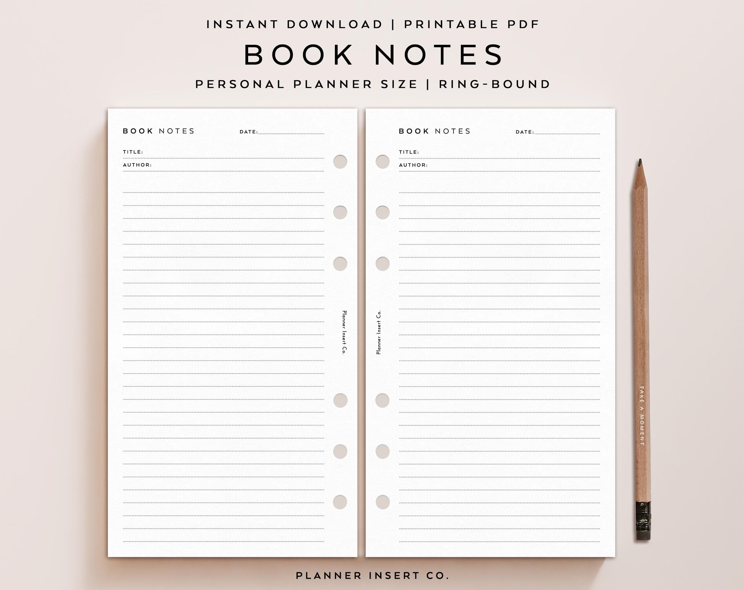 PERSONAL SIZE // Book Notes Printable Planner Insert / Reading Notes ...