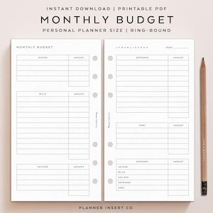 PERSONAL SIZE // Monthly Budget Planner Insert Printable / Income Bills Savings Expenses Debt Payments / Personal Planner Insert Minimal