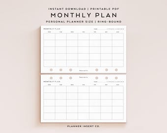 PERSONAL SIZE // Monthly Planner Printable Insert / Month On One Page / Month At A Glance / Monday Sunday Start / MO1P / Minimal / Monthly