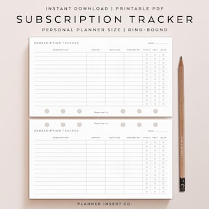 PERSONAL SIZE // Subscription Tracker Printable Planner Insert, Monthly Subscription Log, Membership Tracker Checklist, Minimal Planner