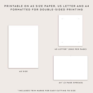 May include: The image displays three white paper templates in different sizes: A5, US Letter, and A4. Text at the top reads "PRINTABLE ON A5 SIZE PAPER, US LETTER AND A4 FORMATTED FOR DOUBLE-SIDED PRINTING." The A4 template is a two-page spread.