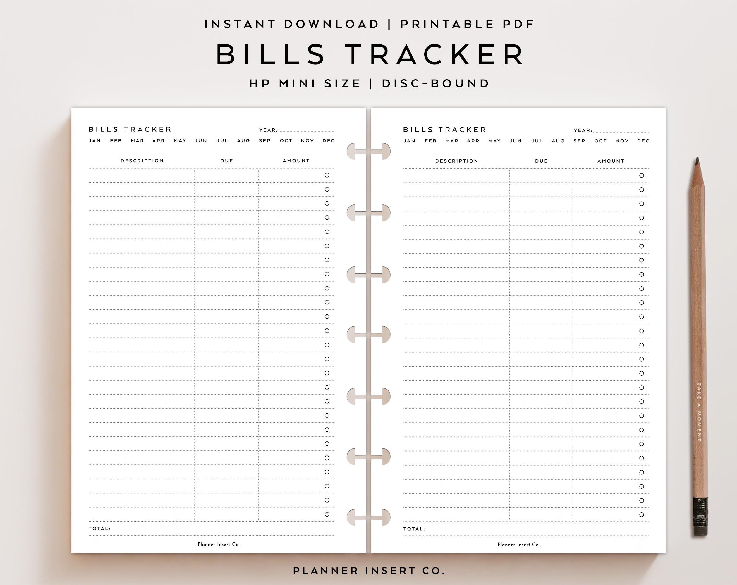 HP MINI SIZE // Bills Tracker Planner Insert Printable / Monthly Bill ...