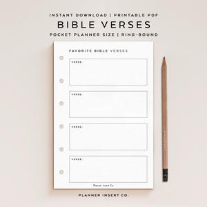 May include: A white pocket planner insert with the text "BIBLE VERSES" and "FAVORITE BIBLE VERSES". The insert has four rectangular spaces for writing verses and a wooden pencil. The text "Planner Insert Co." is at the bottom.