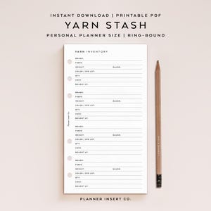 PERSONAL SIZE // Yarn Stash Inventory Tracker Printable Planner Insert, Knitting & Crochet Yarn Inventory, Yarn Organizer, Fiber Inventory