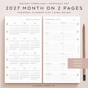 Puede incluir: Inserto de planificador imprimible de 2027 con calendario y espacio para fechas importantes. El texto dice "2027 Month on 2 Pages" y "Personal Planner Size Ring-Bound". Un l&aacute;piz descansa en el lado derecho.