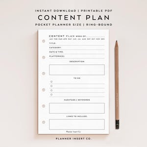 May include: A white printable pocket-sized content plan page for a ring-bound planner. The page features sections for title, category, date, time, platform, description, to-do list, hashtags, and links. A wooden pencil is placed to the right of the page.
