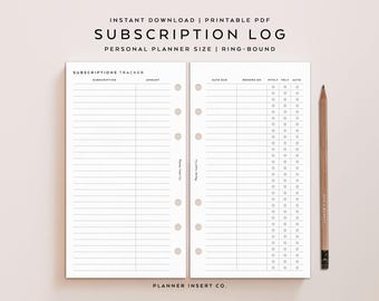 PERSONAL SIZE // Subscription Tracker Printable Planner Insert, Membership Checklist, Expense Tracker, Membership Tracker, Subscription Log