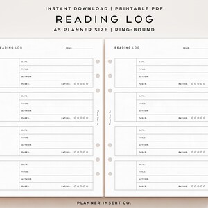 Puede incluir: Un registro de lectura imprimible en blanco con el texto "READING LOG" en la parte superior. El registro est&aacute; dise&ntilde;ado para un tama&ntilde;o de planificador A5 e incluye campos para la fecha, el t&iacute;tulo, el autor, las p&aacute;ginas y la calificaci&oacute;n. Un l&aacute;piz descansa a la derecha.