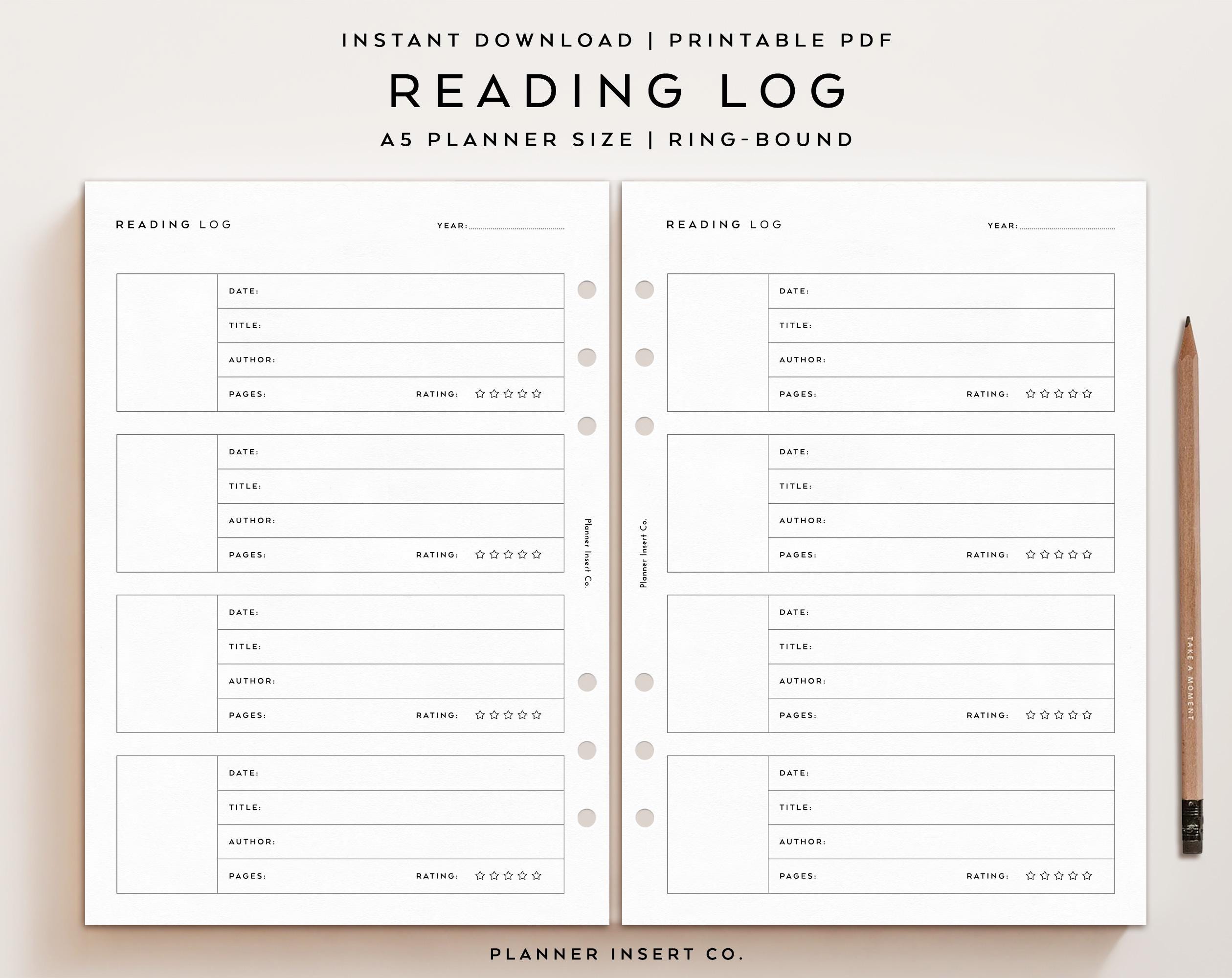 A5 PLANNER SIZE // Reading Log Printable Planner Insert / Book Reviews ...