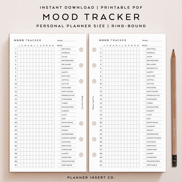 PERSONAL SIZE // Mood Tracker Printable Planner Insert, Year In Pixels, Mood Swings, Mood Chart Log Journal, Mood Tracking, Wellness Planner