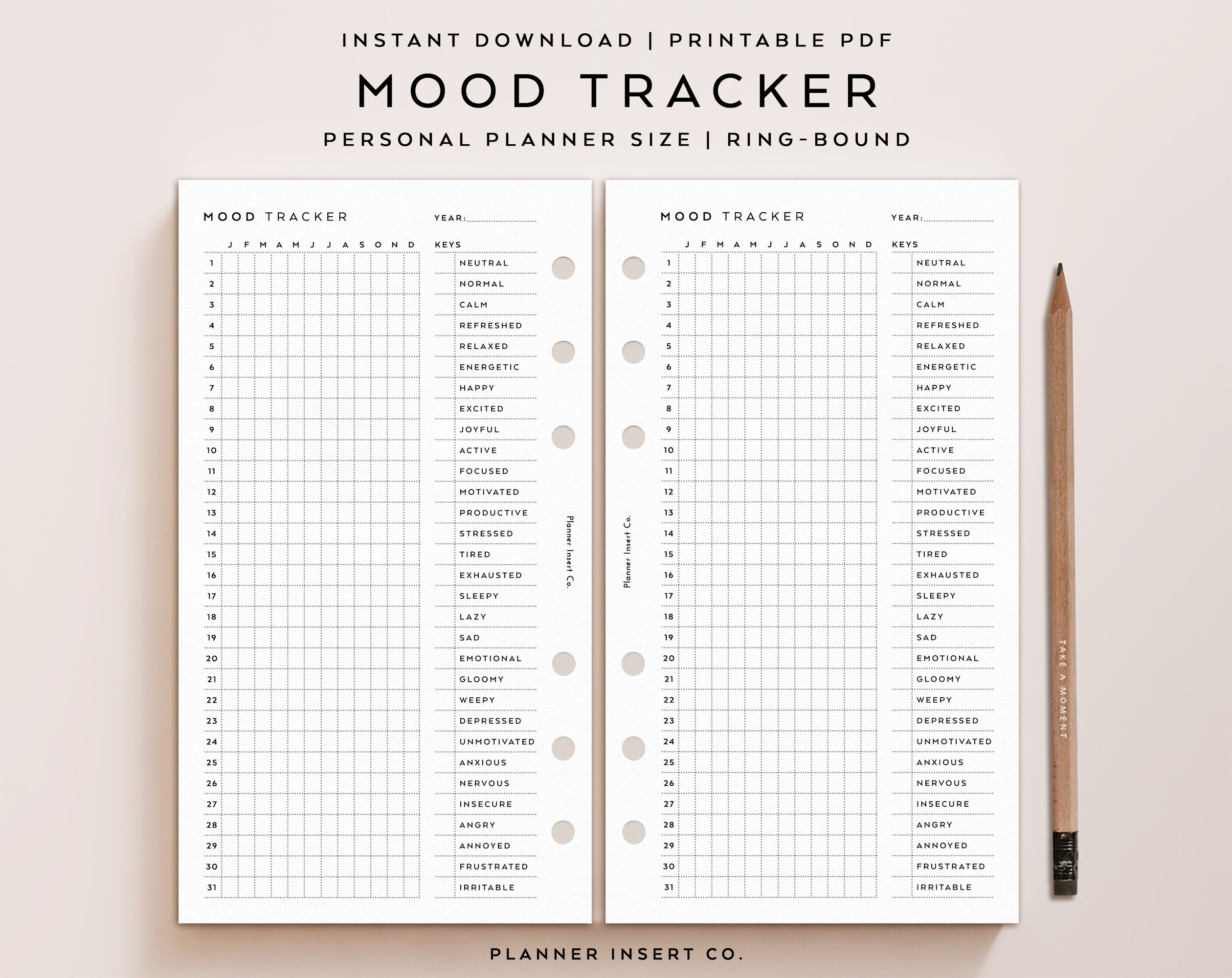 PERSONAL SIZE // Mood Tracker Printable Planner Insert, Year in Pixels ...