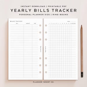 PERSONAL SIZE // Yearly Bills Tracker Planner Insert Printable, Annual Bills Due Planner, Monthly Bill Payments, Personal Rings, Minimal