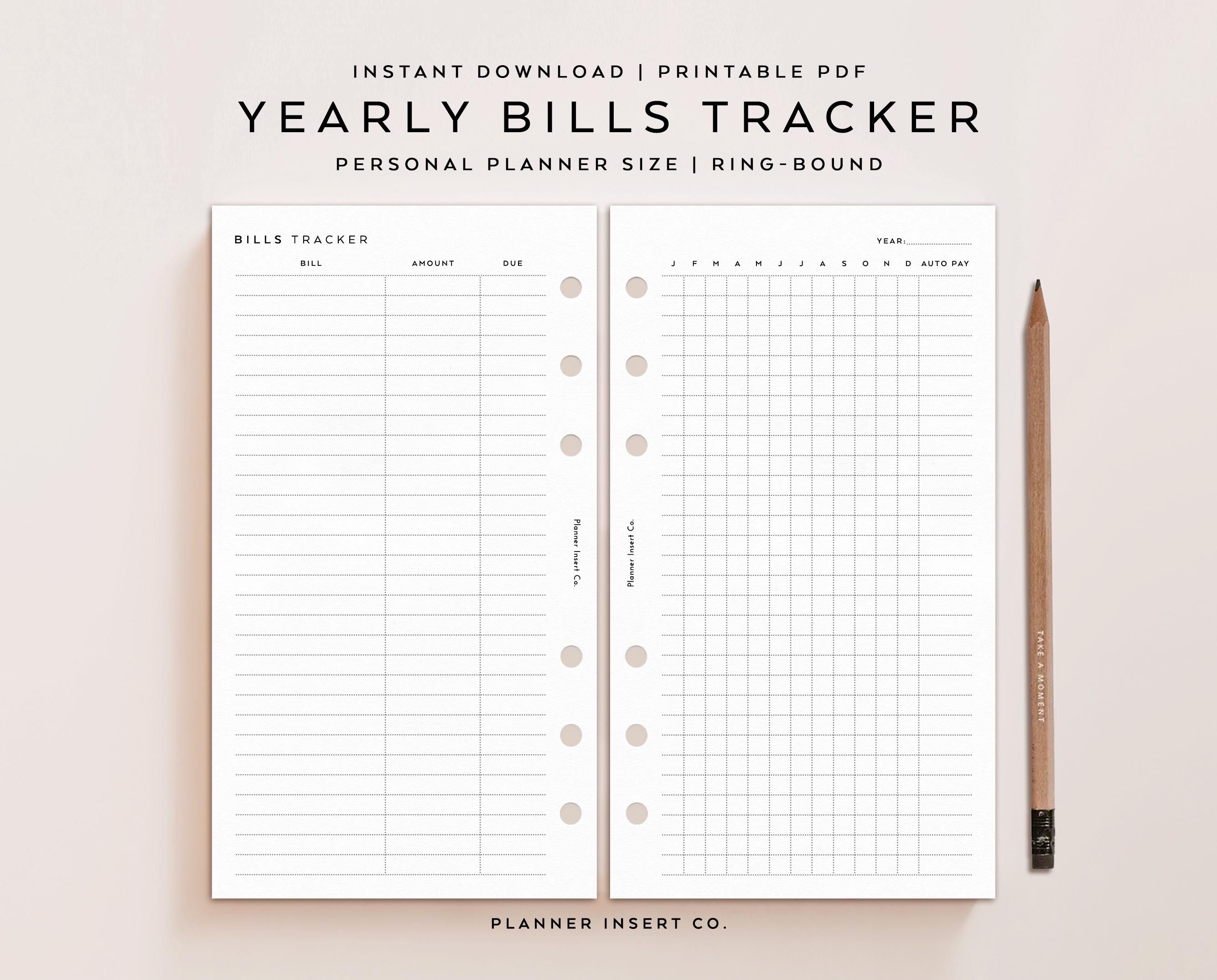 PERSONAL SIZE // Yearly Bills Tracker Planner Insert Printable, Annual ...