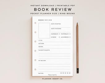 POCKET SIZE // Book Review Log Printable Planner Insert / Books Review Tracker / Reading Review Journal / Pocket Rings Insert / Minimal