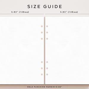 May include: A size guide graphic with two white pages, each 5.83 inches (148 mm) wide and 8.27 inches (210 mm) tall. The text "SIZE GUIDE" is at the top. The hole punching margin is 0.50 inches.