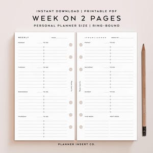 PERSONAL SIZE // Week on 2 Pages, Weekly Planner Insert Printable, Week At a Glance, Horizontal, Weekly Schedule, Weekly Agenda, Minimal