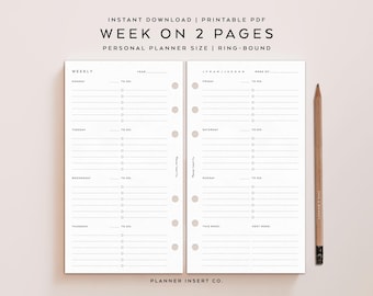 PERSONAL SIZE // Week on 2 Pages, Weekly Planner Insert Printable, Week At a Glance, Horizontal, Weekly Schedule, Weekly Agenda, Minimal