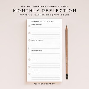TAMAÑO PERSONAL // Inserto imprimible para planificador de reflexión mensual, diario de bienestar y atención plena, planificador de autocuidado, diario de reflexión, minimalista