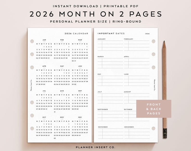 May include: A printable PDF planner insert with a 2026 calendar and space for important dates. The design includes a calendar on one page and a section for notes on the other. A pencil rests on the right side.