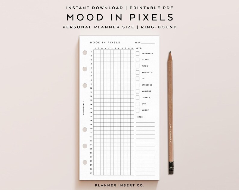 May include: A printable PDF planner insert titled "Mood in Pixels" with a grid for tracking daily moods. The planner includes a section for notes and a wooden pencil. The text "Planner Insert Co." is visible.