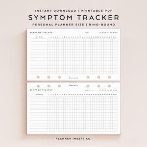 Könnte beinhalten: Zwei weiße Symptom-Tracker-Planereinlagen mit Rasterlayout zur Symptomverfolgung. Der Text "SYMPTOM TRACKER" befindet sich oben auf jeder Seite. Die Einlagen sind ringgebunden und für persönliche Planer konzipiert.