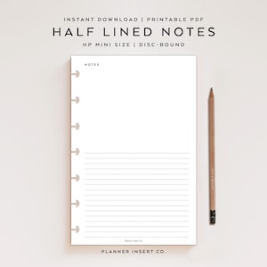 May include: A white disc-bound notepad with half-lined pages and the word "NOTES" at the top. A wooden pencil rests beside the notepad. Text at the top reads "HALF LINED NOTES" and "HP MINI SIZE | DISC-BOUND".