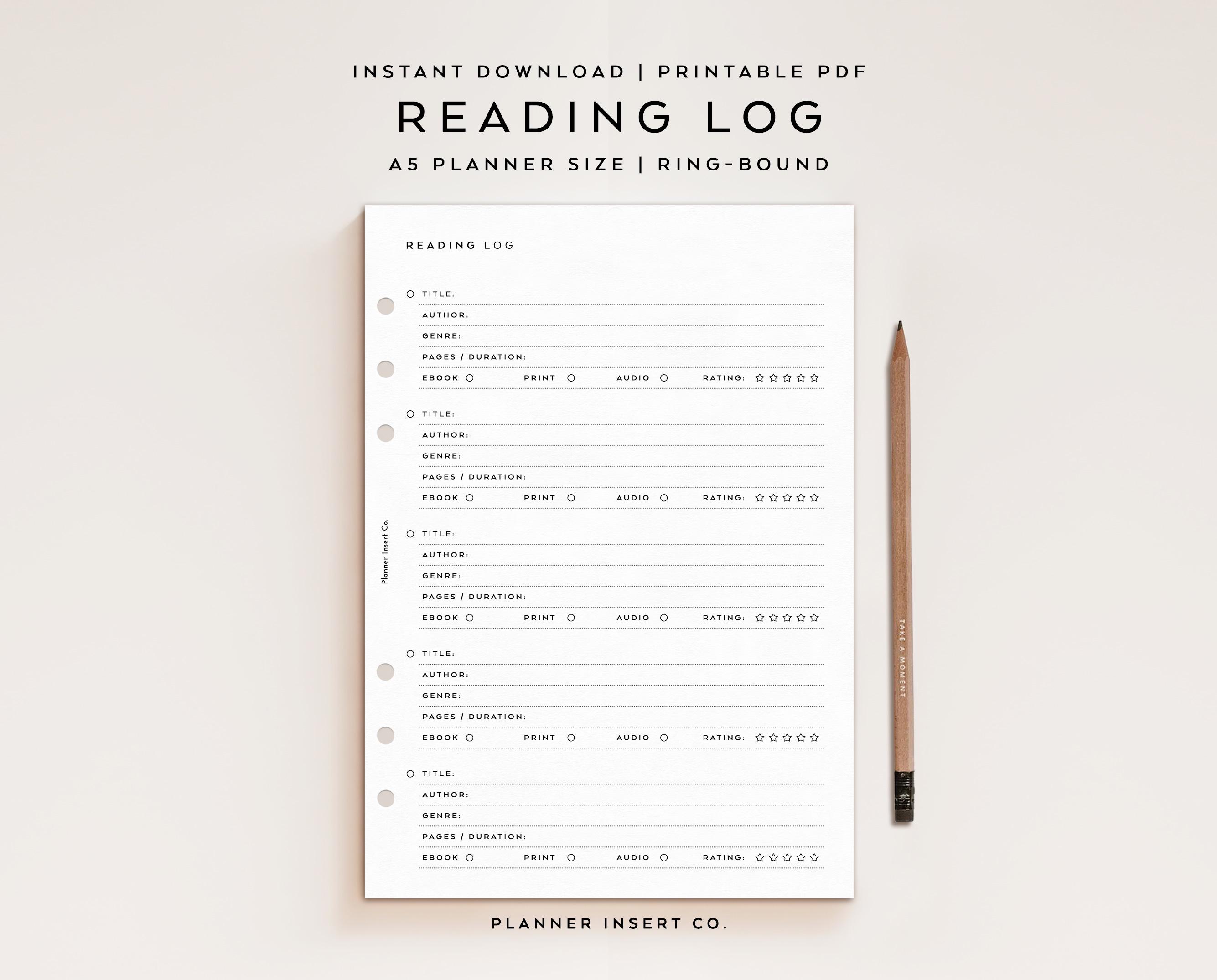 A5 PLANNER SIZE // Reading Log Printable Planner Insert / Audiobook ...