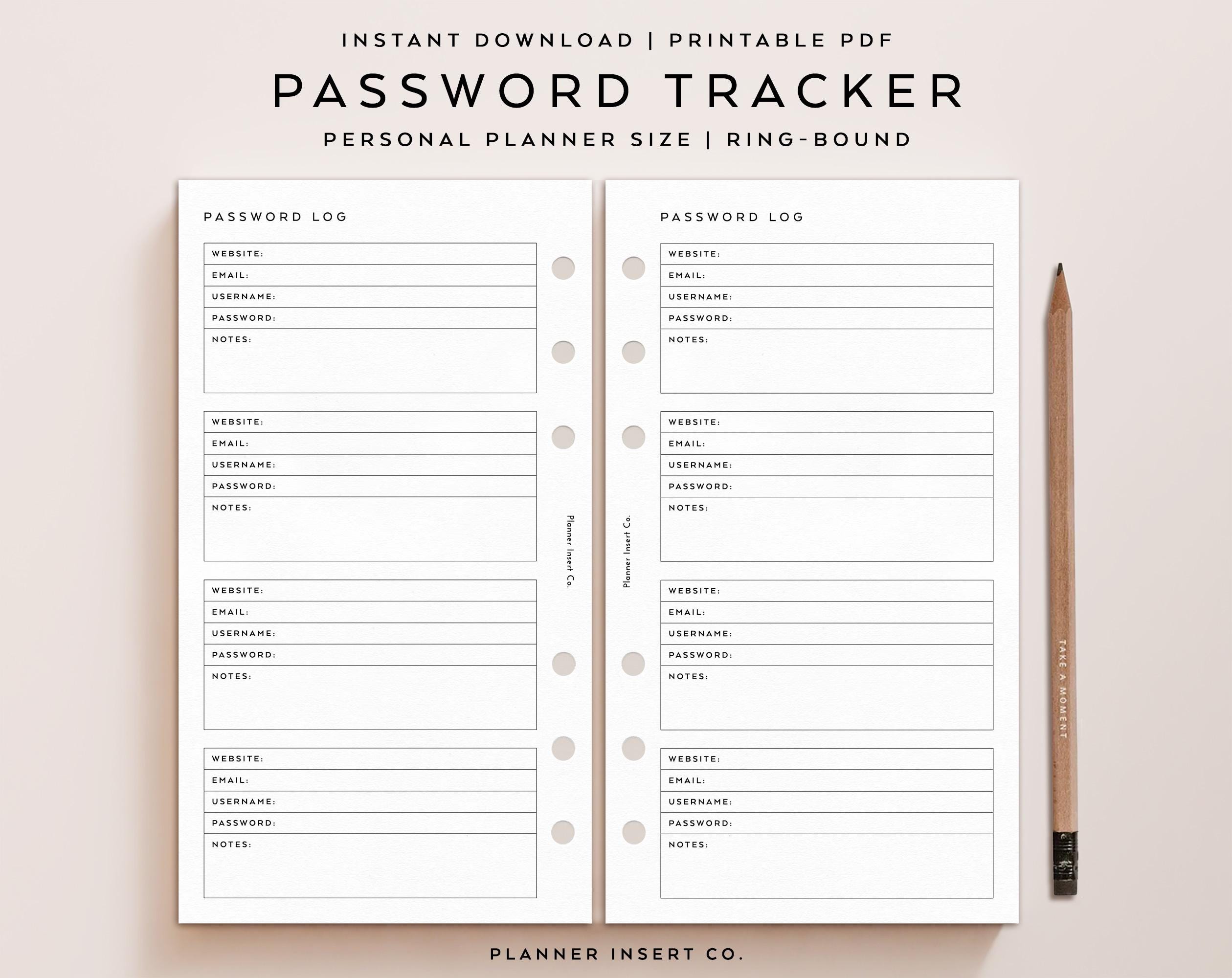 PERSONAL SIZE // Password Tracker Printable Planner Insert / Password ...