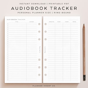 Könnte beinhalten: Druckbarer Audiobook-Tracker-Planer-Einsatz für einen persönlichen Ringbuch-Planer. Der Einsatz hat Spalten für Titel, Autor, Dauer, Start, Ende und Notizen.