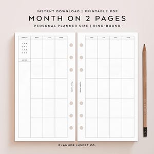 May include: A printable PDF planner insert with a month-on-two-pages layout. The design features a grid for each day of the week, with space for notes. A pencil rests on the right side. The text includes "MONTH ON 2 PAGES" and "PERSONAL PLANNER SIZE".