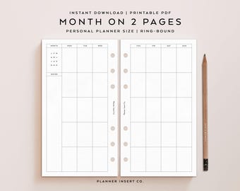 PERSONAL SIZE // Minimal Monthly Planner Printable Insert / Month On Two Pages / Monday Sunday Start / MO2P / Undated / Month At A Glance