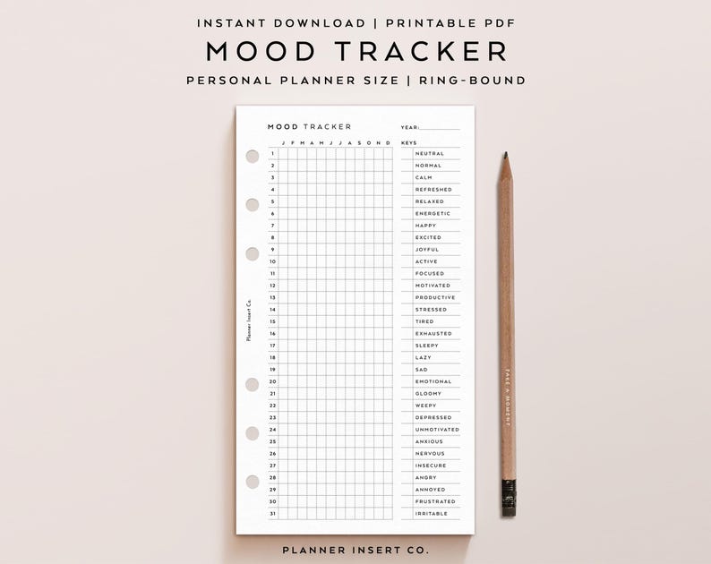 May include: A printable mood tracker planner insert with a grid for daily tracking and a key of emotions. The text "MOOD TRACKER" and "PERSONAL PLANNER SIZE" are at the top. A wooden pencil rests beside the planner.