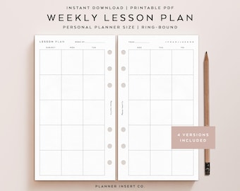 May include: Printable weekly lesson plan template for a personal planner. The template has a subject column, days of the week, and a section for the year. The text "4 Versions Included" is in a pink box.