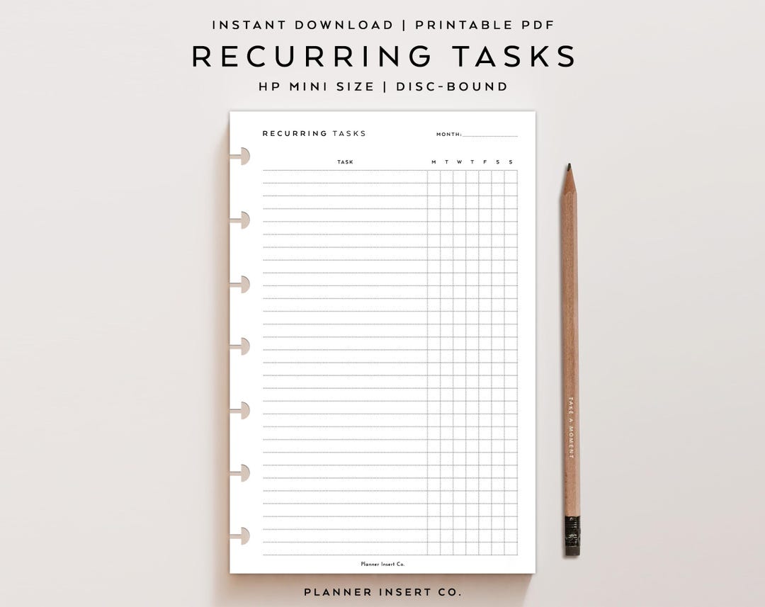 HP MINI SIZE // Recurring Tasks Tracker Printable Planner Insert ...